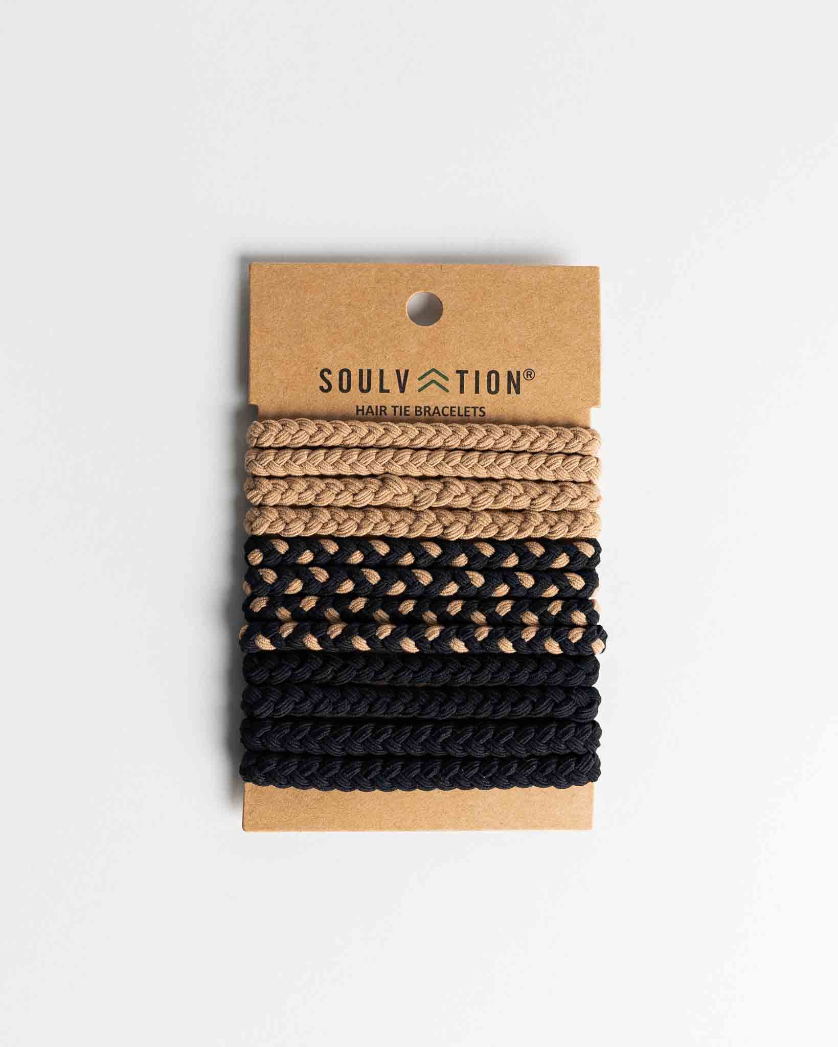 Boho Hair Tie Bracelet Braided Black and Tan