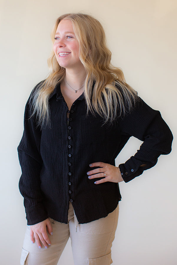 Black Frayed Button Up